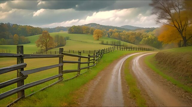 In Buena Vista, Virginia's Rockbridge County, a farm with a fence, a foggy fall day and a dirt road driveway on a hill