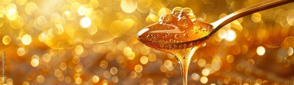 Poster golden honey dripping from spoon with bokeh background