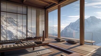 high-altitude lodge with thermal Bahama shutters, designed to maintain warmth and provide a stunning view of the snow-capped mountains