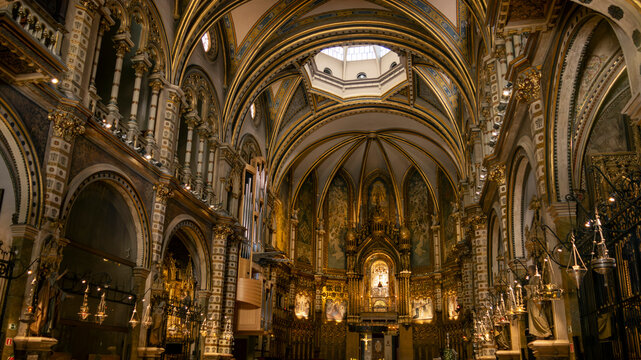 MONTSERRAT, SPAIN - MAY 11, 2024: Interior view of the Basilica of Santa María de Montserrat, place of La Moreneta, the patron saint of Catalonia