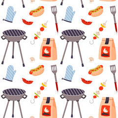 Seamless vector barbecue pattern with barbecue equipment and food