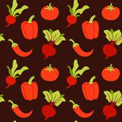 Red vegetables seamless vector pattern on dark background