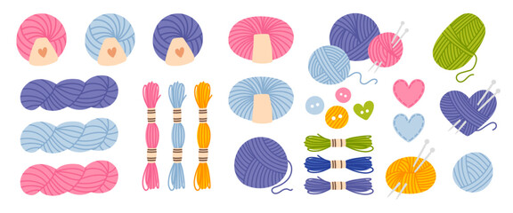 Set of yarn and tools for knitting, needlework, vector illustration, isolated on white background