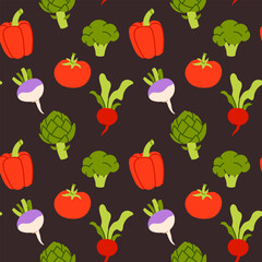 Vegetables seamless vector pattern on dark background