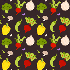 Vegetables seamless vector pattern on dark background