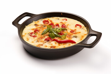 Queso Fundido and melted cheddar cheese in black hot pot with shadow isolated on white background