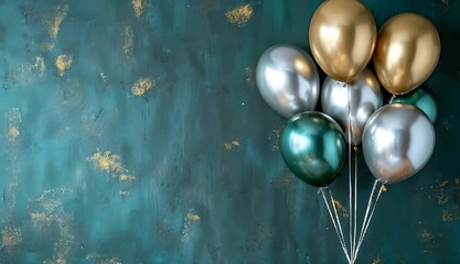 Silver and gold balloons against vibrant green background with free copy space