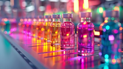 Colorful Vials with Vibrant Liquids in a Laboratory Setting
