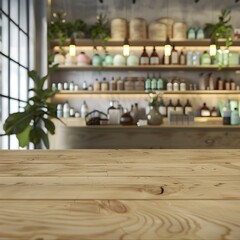 Empty wooden table in front of a modern, well-lit bar with shelves full of bottles and greenery, ideal for display or presentation.