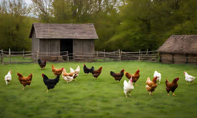 Fototapeta premium Free range chickens roaming on lush green pasture by wooden barn