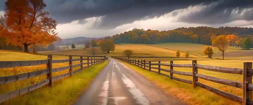 In Buena Vista, Virginia's Rockbridge County, a farm with a fence, a foggy fall day and a dirt road driveway on a hill