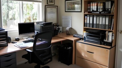 home office with tidy and organized desk, filing system, and clutter-free zone