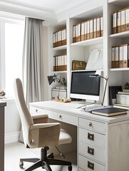 home office with tidy and organized desk, filing system, and clutter-free zone