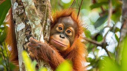 Fototapeta premium Endangered baby orangutan clinging to a tree in lush green rainforest. Wildlife, conservation, and habitat preservation concept