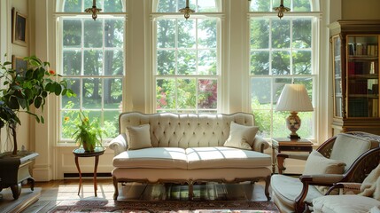 large windows exhibiting room interiors of a colonial revival house