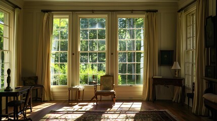 large windows exhibiting room interiors of a colonial revival house