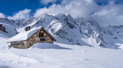 Idyllic winter landscape with a small stone hut covered in snow in the foreground and majestic snow-capped mountains under a blue sky with clouds in the background.