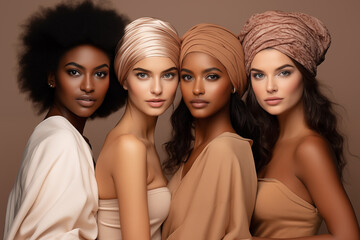 Obraz premium Diverse Multi-Ethnic Beauty: Portraits of Caucasian, African, and Asian Women. Generative AI