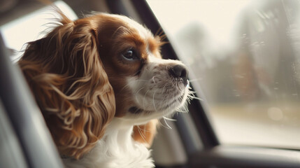 Charming dog look out open car window. Funny dog blows by wind from open car window during trip. Curious puppy is watching happening outside car, 32k, full ultra hd, high resolution --ar 16:9
