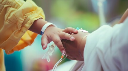Mother holding child hand with saline IV solution in hospital