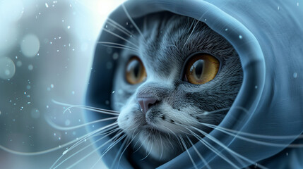 Close up photo of 3D cat in blue oversize hoodie, 32k, full ultra hd, high resolution --ar 16:9