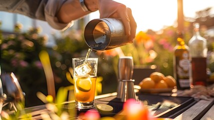 person preparing a cocktail with a shaker on an outdoor patio