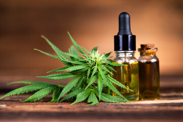 Medical marijuana, Oil cbd, cannabis and hemp leaves