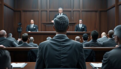 Fototapeta premium A man in a suit is sitting in a courtroom with a judge and other people