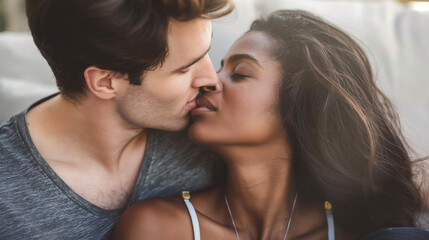 Fototapeta premium Young couple kissing intimately.
