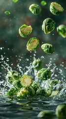 Fresh Brussels sprouts falling into water with splashes, showcasing their vibrant green color and freshness.