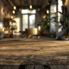 Rustic wooden table in a cozy, warmly lit interior with blurred background of a modern cafe or restaurant.