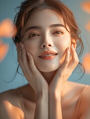 Beautiful woman with soft lighting, natural makeup, and dreamy expression, surrounded by warm, blurred lights.