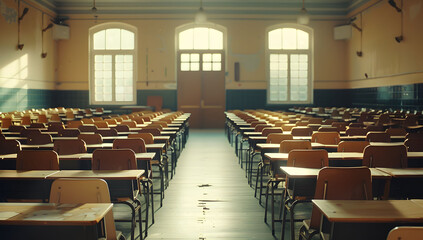 Empty school classroom with rows of vintage wooden desks and chairs. Soft lighting enhances the nostalgic atmosphere. Ideal for themes on education, back to school, and traditional classroom settings.