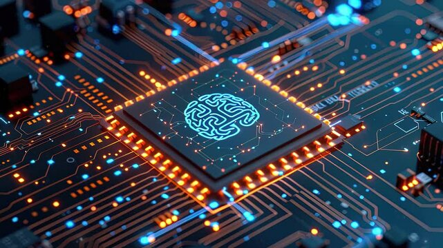 Computer processor microchip of motherboard in brain symbol representing artificial intelligence, AI technology