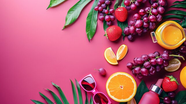 Vibrant summer composition with sunscreen and grapes on a deep pink background