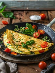 thick, fluffy veggie omelette on rustic wooden table