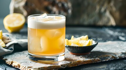 whiskey sour beside a small dish of lemon slices on a stone slab