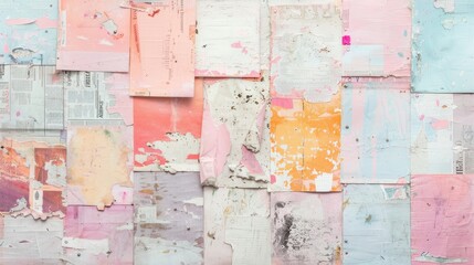 Colorful vintage paper collage texture with peeling paint and newspaper clippings