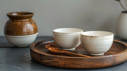 A minimalist composition featuring white bowls placed on an oak wooden plate, accompanied by spoon and fork.