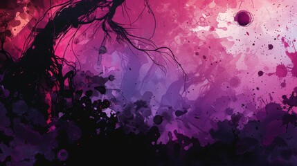 Abstract Fantasy Landscape. Vibrant Sunset with Silhouette of Tree and Colorful Nebula