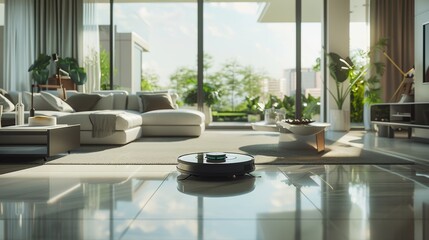 Advanced Robotic Vacuum Cleaner in Modern Open Plan Living Area Efficiently Navigating and Cleaning
