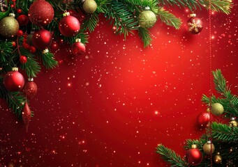 Merry Christmas background with Christmas tree branch decorated with hanging balls on red background