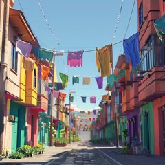 Fototapeta premium simple cg render of colorful clothing line hanging between buildings in Yerevan