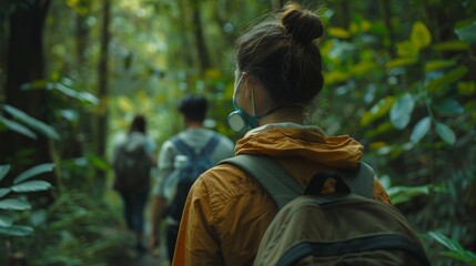 Group of Friends Hiking Through Lush Forest, Emphasizing Adventure and Health Protection