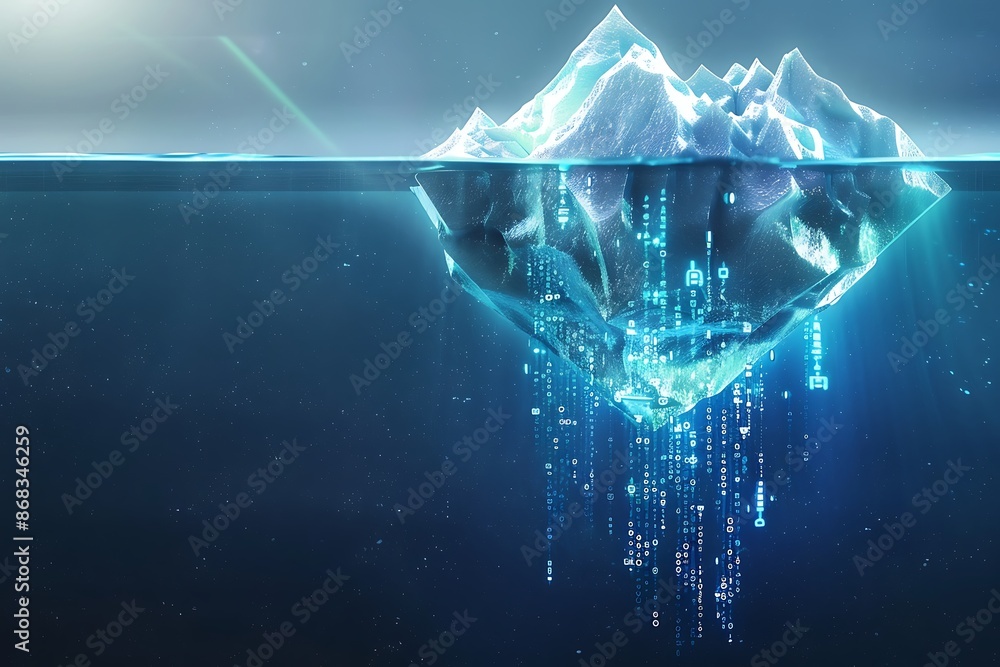 Wall mural A virtual iceberg with a data stream below the surface, illustrating the depth of data analysis