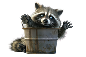 Adorable raccoon popping out of a rustic metal bucket, showcasing its cute face and playful nature on a transparent background.
