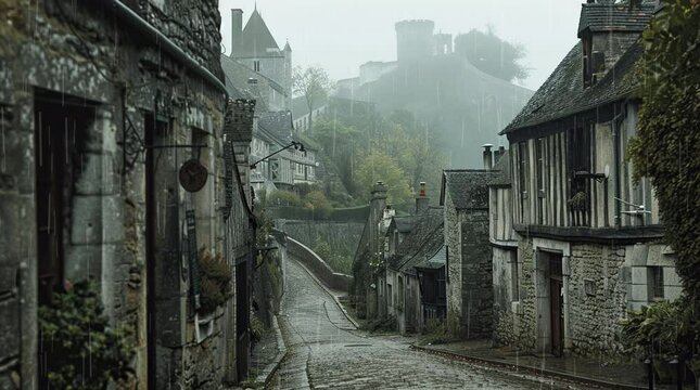 Medieval village houses in the rain. Atmospheric and historic scene during rainfall.
Seamless looping 4k time-lapse virtual video animation Generated AI
