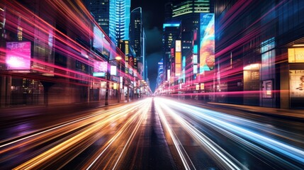 Naklejka premium Futuristic illuminated cityscape street with blurred motion traffic effect