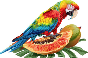 Vibrant parrot perched on tropical fruit, showcasing colorful feathers and natural beauty, perfect for nature-themed projects and designs.