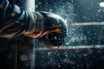 Close-Up of Boxer's Glove Impacting Heavy Bag in a Gym with Motion Blur Effect